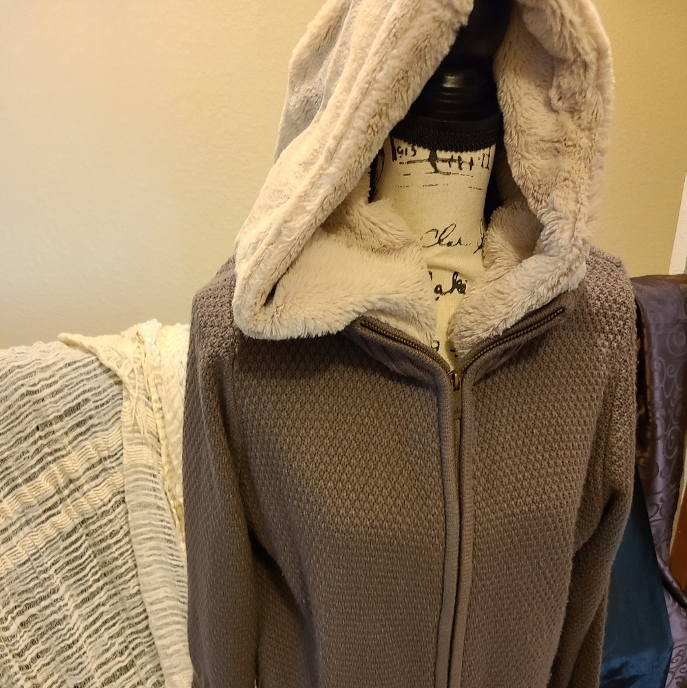 Light brown sweater coat with cream fuzzy hood